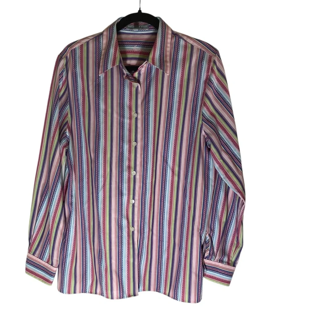 NWOT Women’s Foxcroft Multi Stripe Casual Button Down Long Sleeve Shirt Sz 14 - Picture 2 of 13